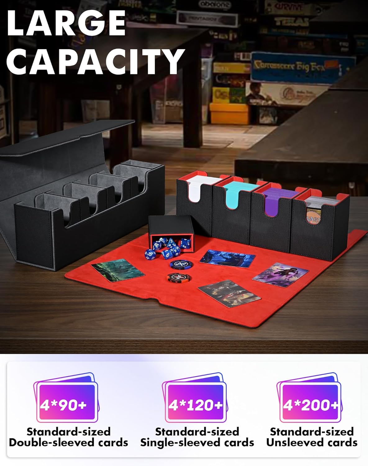 Card Deck Box with Dice Tray for MTG, 5 in 1 Card Deck Case Holds 800+ Unsleeved Cards, Strong Magnet Organizer Compatible with Yugioh TCG Sports Cards (Black)