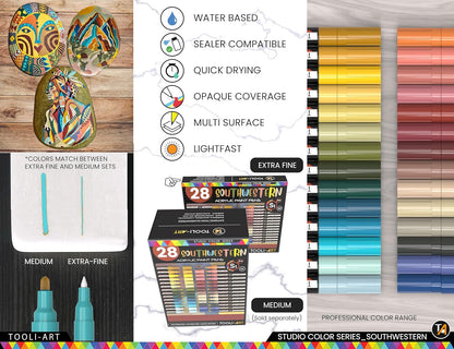 28 Southwestern Colors Acrylic Paint Pens Studio Color Series Markers Set 0.7mm Extra Fine Tip, Rock Painting, Glass, Mugs, Wood, Metal, Canvas, DIY, Detailing. Non Toxic, Waterbased, Quick Drying