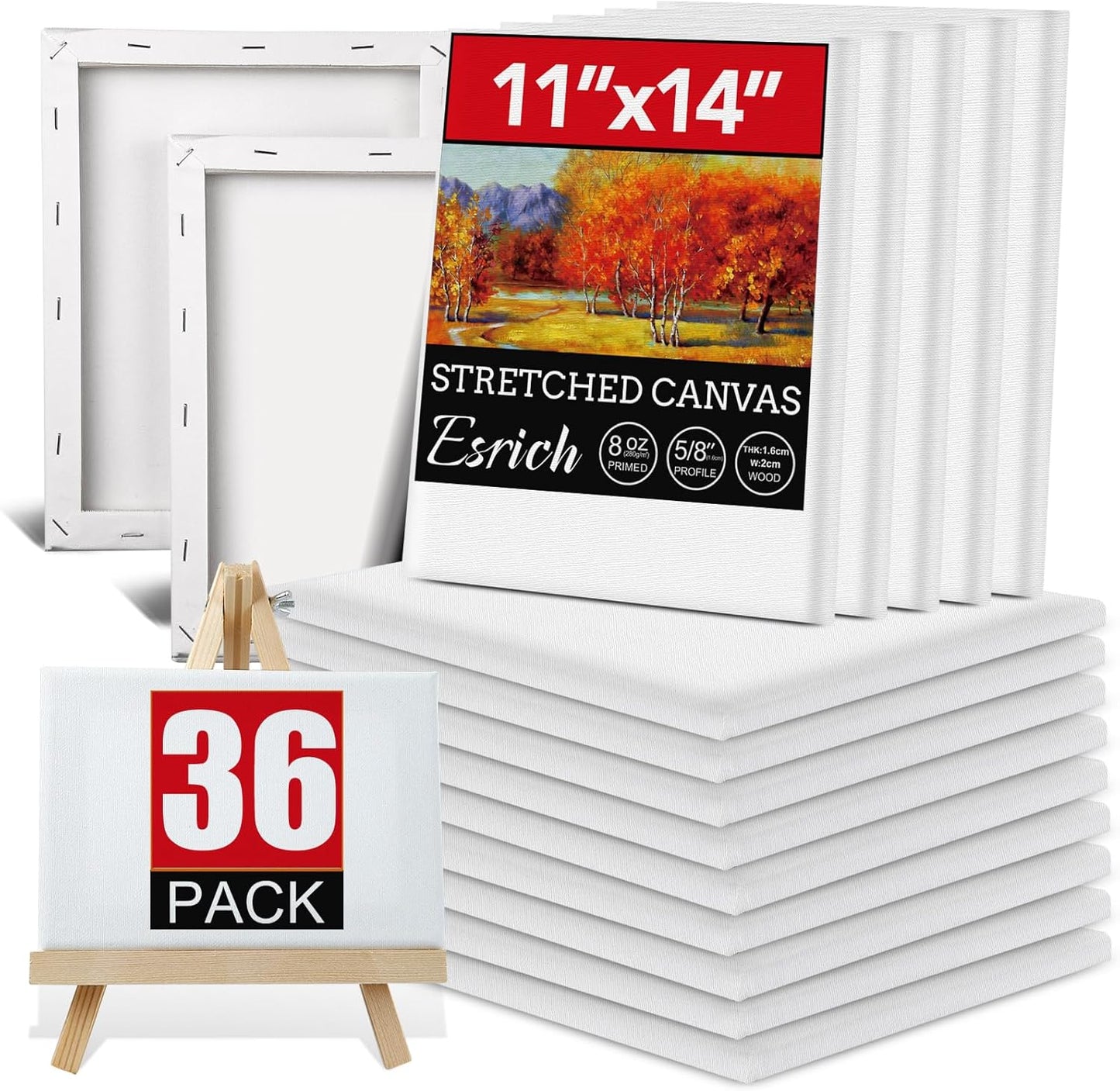 ESRICH Stretched Canvas for Painting 11x14 Inch, 36 Pack Blank Canvas -5/8 in Profile Primed Cotton White Canvases for Painting for Oil & Acrylic Paint