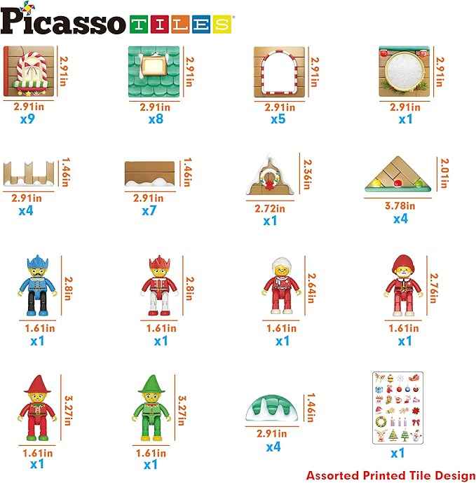 PicassoTiles Magnetic Tile Christmas Holidays Cottage Building Set with Santa Elves Nutcracker 6 Character Figures STEM Educational Construction Toy Winter Magnet Block Gift for Kids Age 3 Plus PTQ08