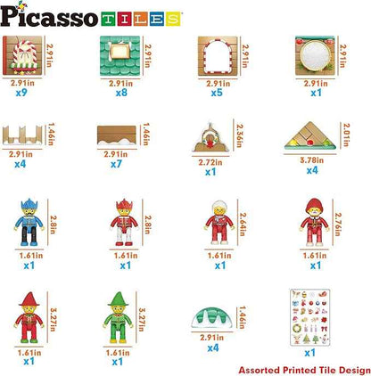 PicassoTiles Magnetic Tile Christmas Holidays Cottage Building Set with Santa Elves Nutcracker 6 Character Figures STEM Educational Construction Toy Winter Magnet Block Gift for Kids Age 3 Plus PTQ08