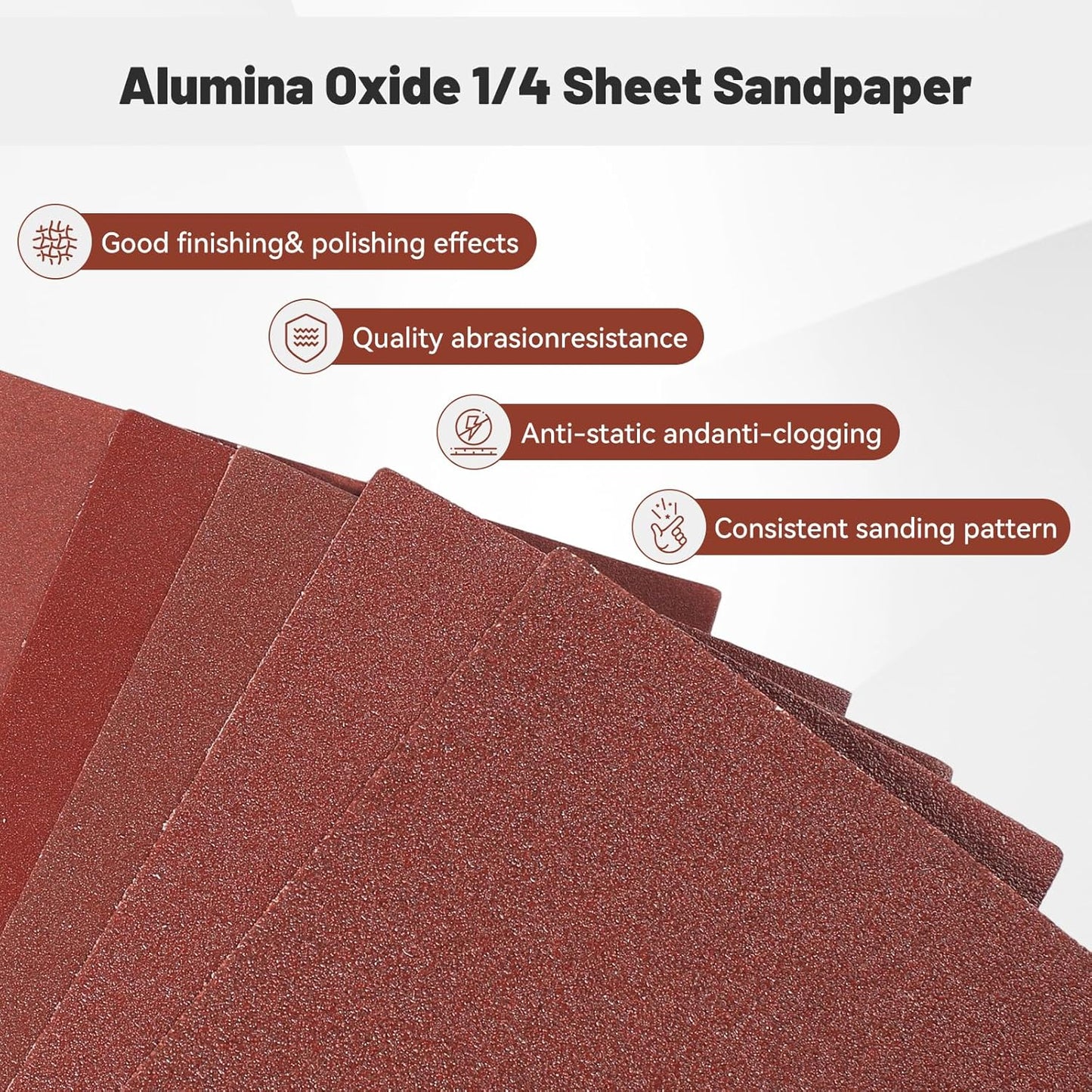 1/4 Sandpaper Sheet – 4-1/2” x 5-1/2”, P80 Grit, Red Aluminum Oxide, Plain Backing, 50-Pack – Sandpaper Sheets for Palm Sanders and Woodworking