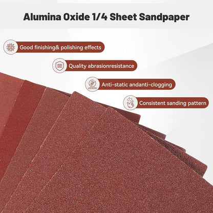 1/4 Sandpaper Sheet – 4-1/2” x 5-1/2”, P80 Grit, Red Aluminum Oxide, Plain Backing, 50-Pack – Sandpaper Sheets for Palm Sanders and Woodworking