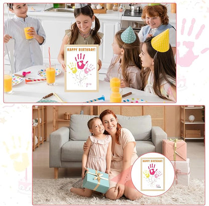 QOUBAI Birthday Handprint Balloon Art Craft DIY Kit Happy Birthday Gifts Children Adults Handprint Keepsake for Mom Father Friend Grandparent Birthdays Gift Christmas (12X16in, with Wood Frame)