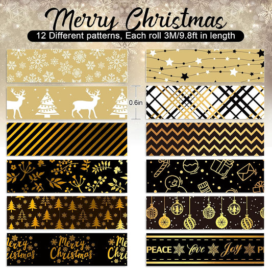 Whaline 12 Rolls Christmas Washi Tape Black Gold Xmas Washi Masking Tape Foil Gold Snowflake Xmas Tree Xmas Tree Ball Plaid Pattern Decorative Tape for Scrapbook Journal DIY Craft Gift Wrapping