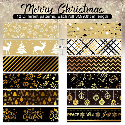 Whaline 12 Rolls Christmas Washi Tape Black Gold Xmas Washi Masking Tape Foil Gold Snowflake Xmas Tree Xmas Tree Ball Plaid Pattern Decorative Tape for Scrapbook Journal DIY Craft Gift Wrapping