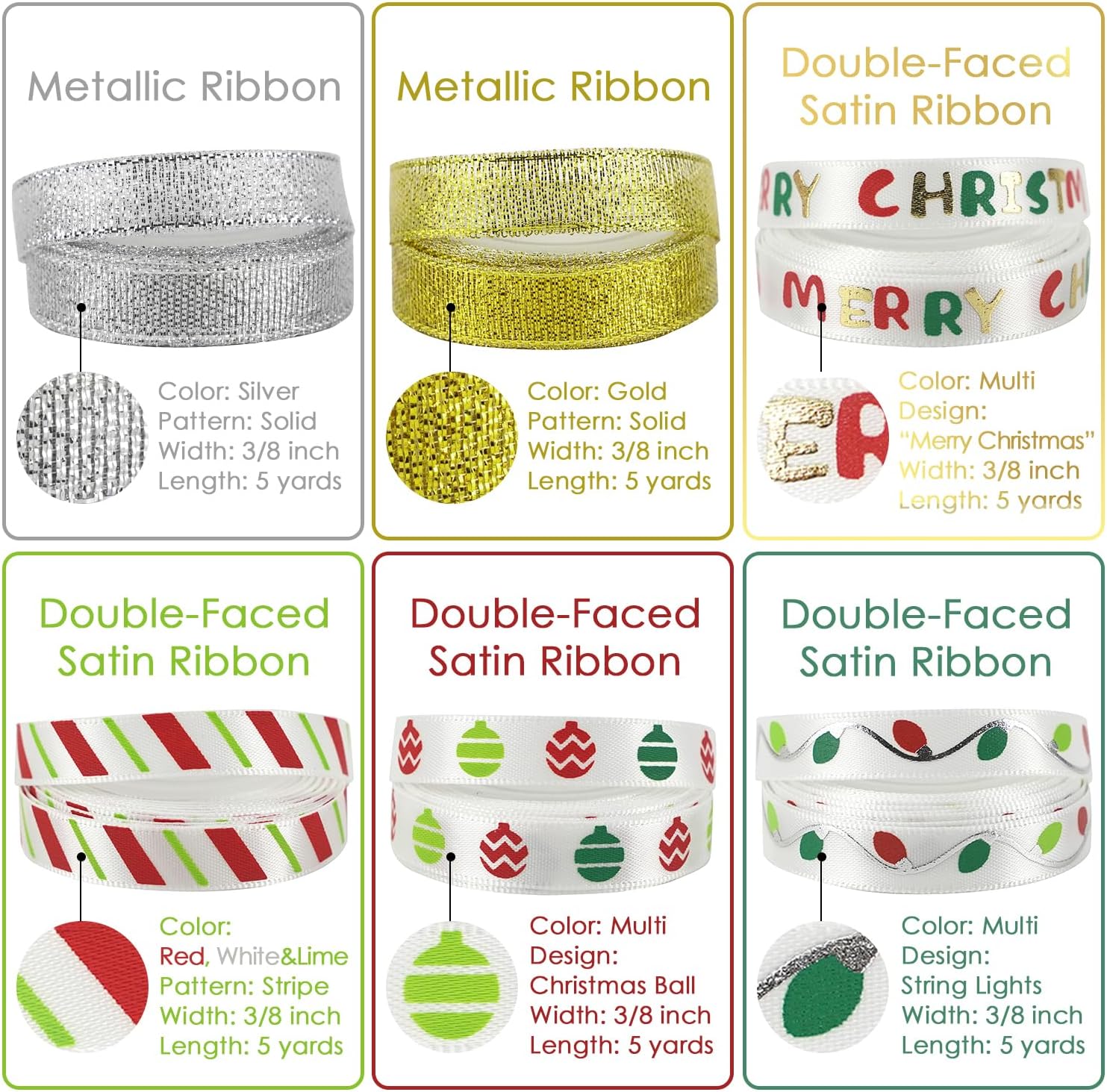 MEEDEE Christmas Ribbon 3/8 inch Thin Holiday Ribbon Set in Red, Green, White, Gold & Silver Color 12 Rolls 60 Yards Perfect for Gift Wrapping, Xmas Wreath Decor, Garlands, and Holiday Crafts - Crafty Corner