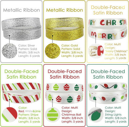 MEEDEE Christmas Ribbon 3/8 inch Thin Holiday Ribbon Set in Red, Green, White, Gold & Silver Color 12 Rolls 60 Yards Perfect for Gift Wrapping, Xmas Wreath Decor, Garlands, and Holiday Crafts - Crafty Corner