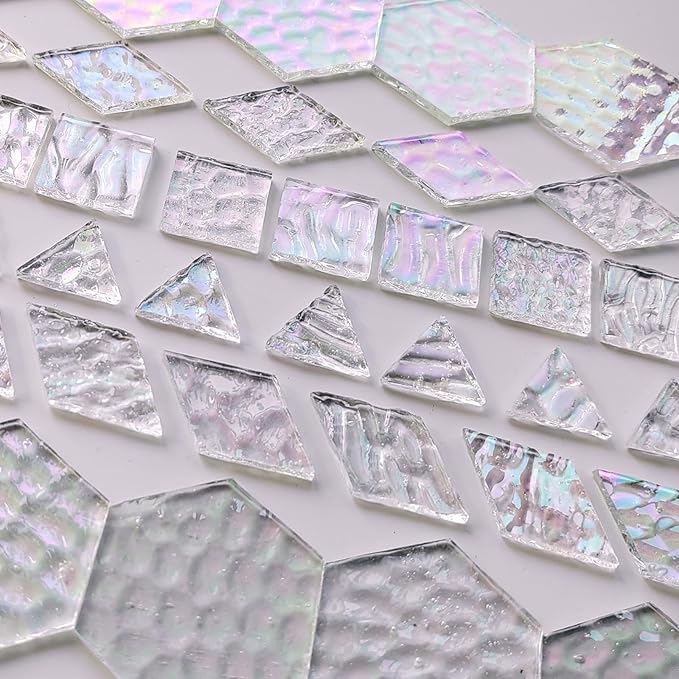 100 pcs Iridescent Glass Mosaic Tiles - 1 Inch Edge Length Mixed Shapes (Triangle, Diamond, Square, Hexagon) for DIY Crafts, Home Decor | Bulk Precut White Clear Pieces for Mosaic Art Kits
