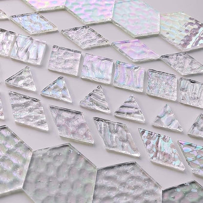 100 pcs Iridescent Glass Mosaic Tiles - 1 Inch Edge Length Mixed Shapes (Triangle, Diamond, Square, Hexagon) for DIY Crafts, Home Decor | Bulk Precut White Clear Pieces for Mosaic Art Kits