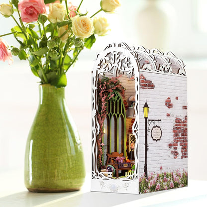 Book Nook Kit - DIY Miniature Dollhouse Kits for Adults, Booknook Bookshelf Insert with LED Light, 3D Wooden Puzzle Bookend Insert, Hobbies Gifts for Family and Friends, Flower House