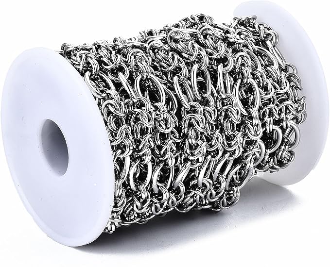 LiQunSweet 16.4 Feet(5m) 304 Stainless Steel Byzantine Chains Roll Knotted Jewelry Chain Bulk for Necklace Jewelry Making - 13.5x10mm