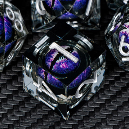 ARUOHHA DND Resin Dice Dragon Eye Dice Liquid Core Purple Sharp Edged Dice Set with Gift Box, Dungeons Polyhedral D and D Dice Set Compatible with D&D Role Playing Game D20 D12 D10 D8 D6