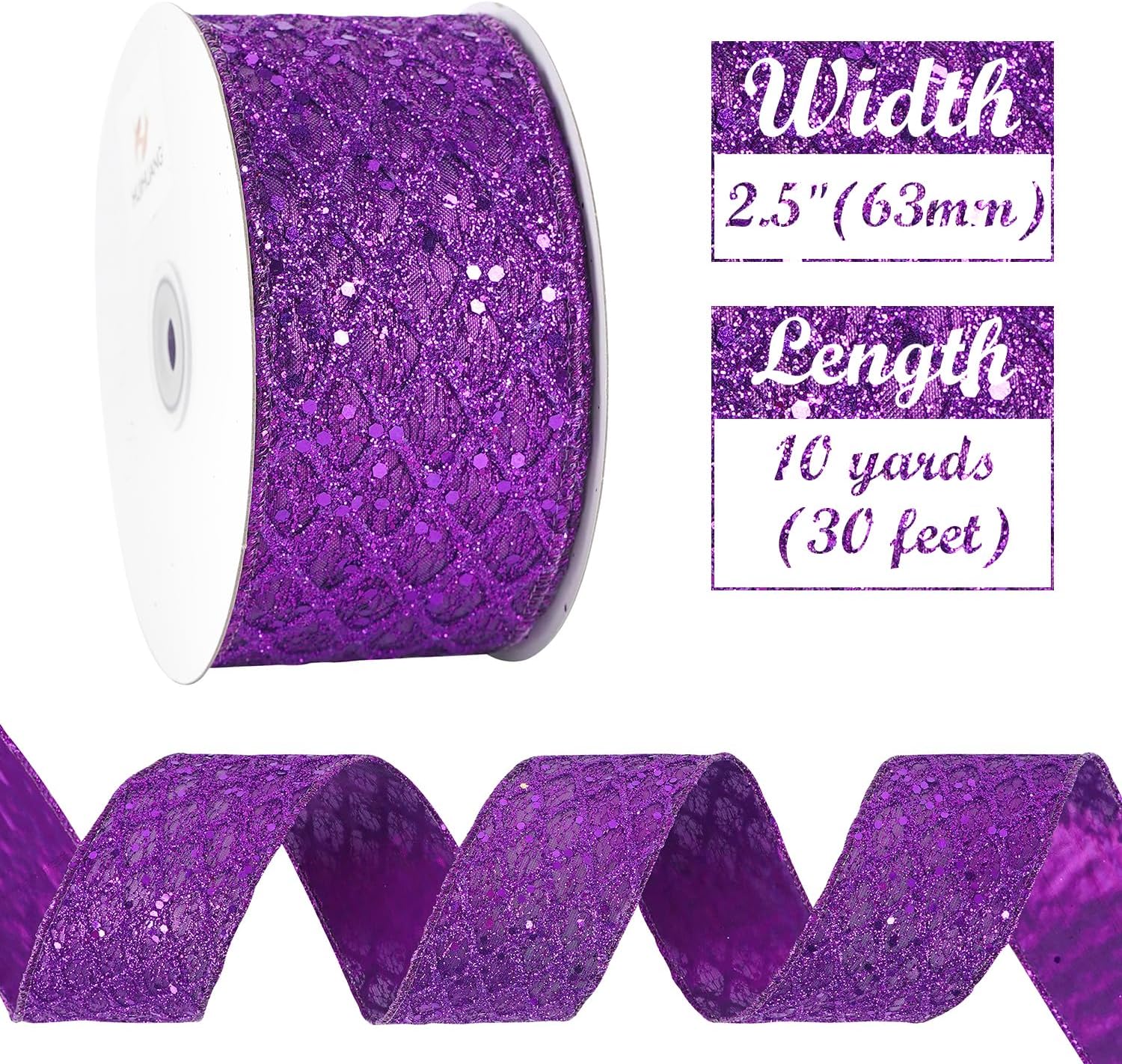 HUIHUANG Purple Wired Ribbon for Christmas Tree 2.5 inch Purple Glitter Diamond Mesh Ribbon for Tree Decoration, Wreaths, Garland, Gift Wrapping, Large Bows Making, Halloween Decor -10 Yards - Crafty Corner