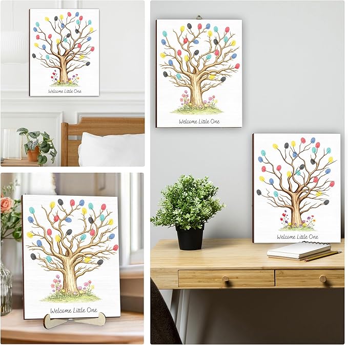 Personalized Fingerprint Art Tree Sign, Baby Shower Guest Books with Paint, Family Craft Keepsake Gift Ideas for Expecting Parents, Gender Reveal Party Decorations, Thumbprint Hanging Painting