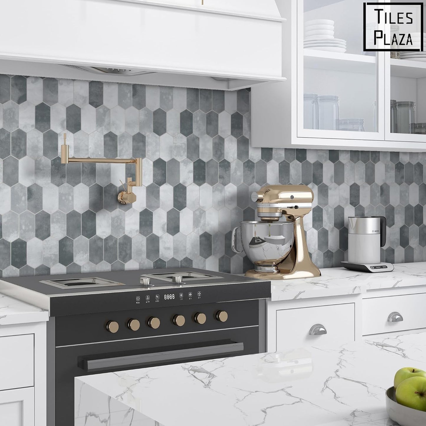 The Tiles Plaza 10-Sheet Peel and Stick Backsplash, Grey Cement Long Hexagon Self Adhesive Wall Tile, Stone Composite Stick On Decorative Mosaic Tile for Kitchen Bathroom Fireplace