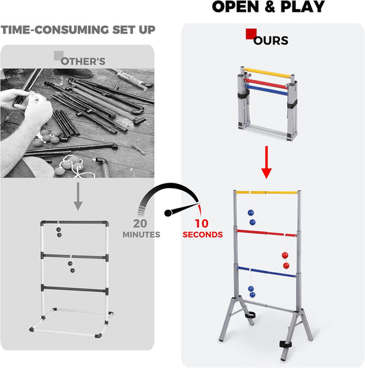 Outdoor Games Ladder Ball Set - Patented Assembly Free Portable Ladder Toss - Steel Frame Includes Carrying Case, 6 Bolas and Scoresheet