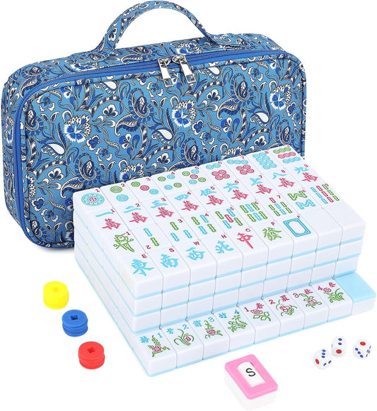 Chinese Mahjong Game Set 146 Qulity Mahjong Blue Tiles 1.4-inch Chinese Mahjong Game Set with Blue Printed Carrying Bag
