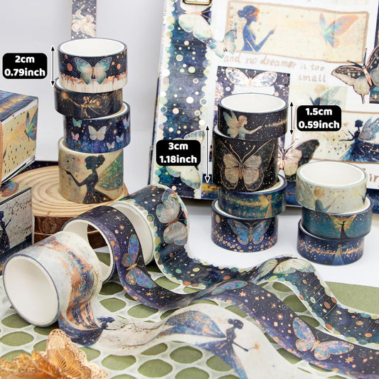 14 Rolls Washi Tape Set - Gold Foil Green Fairy Decorative Masking Tape Butterfly, Fairy, Star, Magic, Adhesive Tape for Bullet Journal,DIY Craft,Scrapbooking Supplies,Gift Wrapping