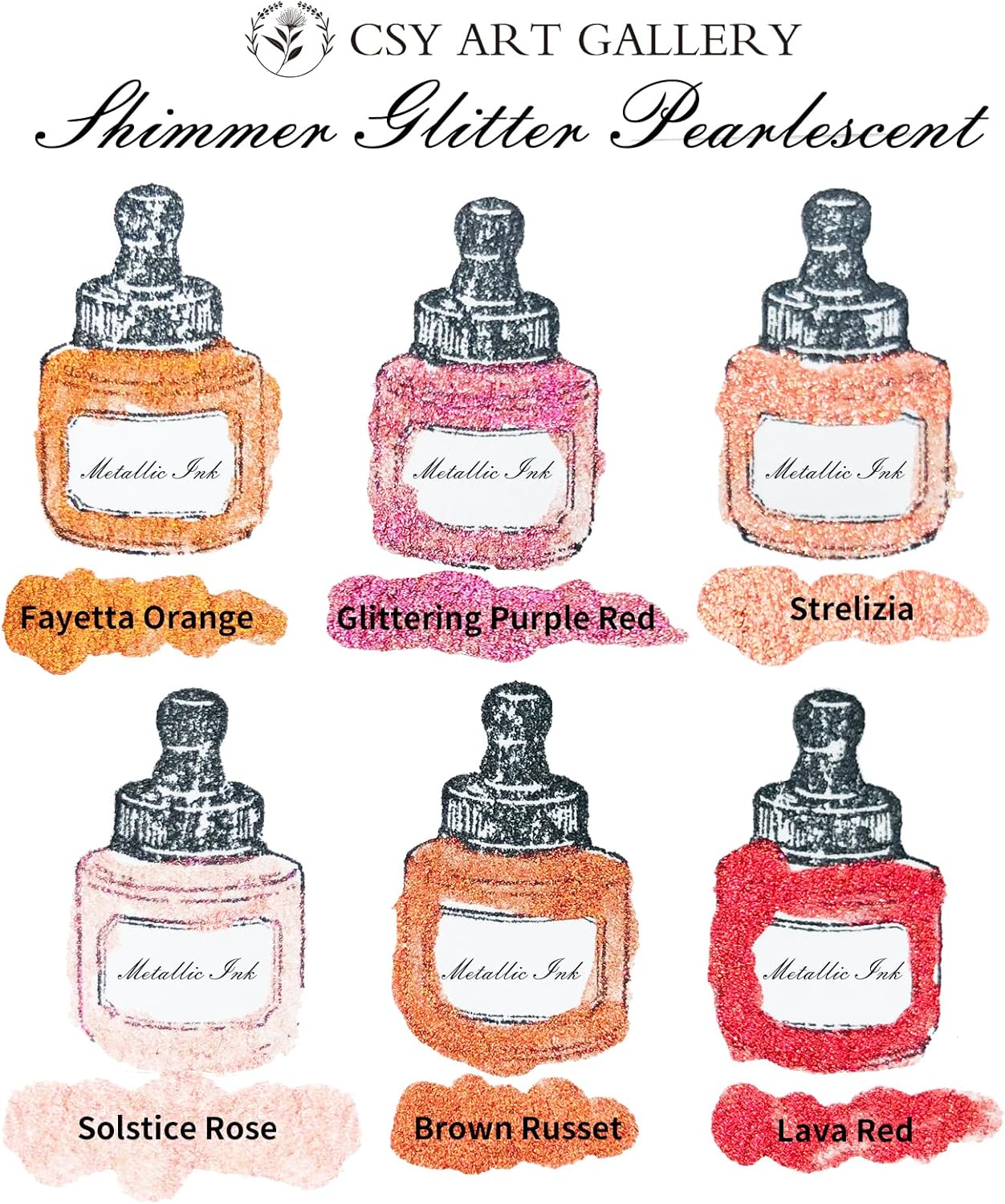 CSY art gallery Pearlescent Acrylic Inks Bottle with Dropper, 1oz - 29.5 ml Set of 6PCS Bronze Gold Red Liquid Drawing Ink for Calligraphy,Wood, Scrapbook Journals, Photo Albums (Saturn Twinkles Set) - Crafty Corner