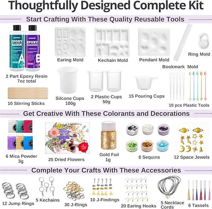 Piccassio Epoxy Resin Kit for Beginners – 208-Piece Jewelry Making & Craft Kit with Molds, Dried Flowers, Glitter & Tools – Complete Starter Set for Keychains, Bookmarks, Pendants & DIY Resin Art