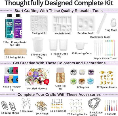 Piccassio Epoxy Resin Kit for Beginners – 208-Piece Jewelry Making & Craft Kit with Molds, Dried Flowers, Glitter & Tools – Complete Starter Set for Keychains, Bookmarks, Pendants & DIY Resin Art