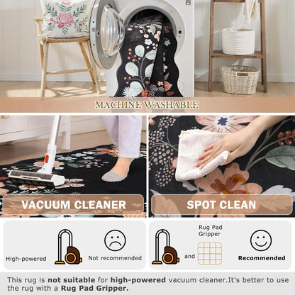 Beeiva Washable Rugs 8x10 for Living Room - Scalloped Floral Printed Soft Non Slip 8 x 10 Area Rug for Dining Room Boho Flower Ultra-Thin Aesthetic Carpet for Kids Room Dorm Office(Black,8x10ft)