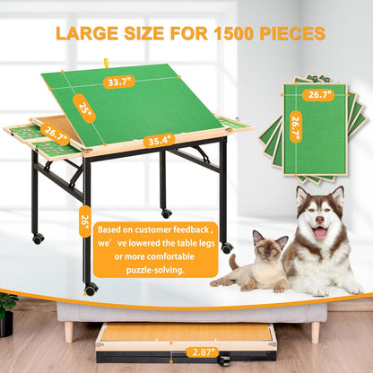 Puzzle Table and Board with 4 Drawers - Adjustable Tilting Angle, Wheels & No Assembly Folding Legs for 1500 Piece Jigsaw Puzzles - Wooden Cover Protection for Adults, Moms & Crafters