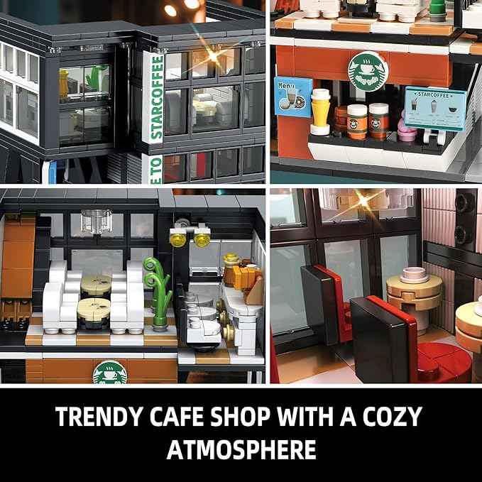 City Coffee House Architecture Building Blocks Set for Adults, Street View Modern Cafe Shop Building Construction Toy with Light, Christmas Birthday Gift for Kids Boys Girls 6-12 (581 PCS)