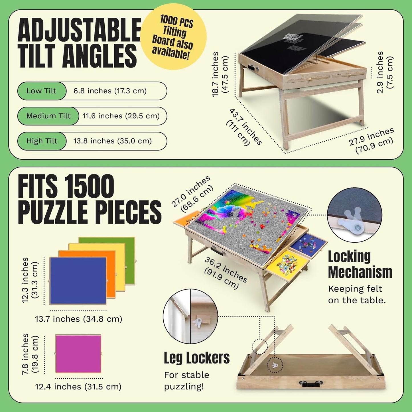 Puzzle Ready Puzzle Table with Drawers - 1500-Piece Wood, 27" x 36", Foldable & Portable - Jigsaw Puzzle Table & Organizer Design with 4 Color-Coded Trays, 3 Tilt Angles & Cover Mat