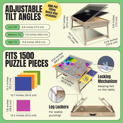 Puzzle Ready Puzzle Table with Drawers - 1500-Piece Wood, 27" x 36", Foldable & Portable - Jigsaw Puzzle Table & Organizer Design with 4 Color-Coded Trays, 3 Tilt Angles & Cover Mat