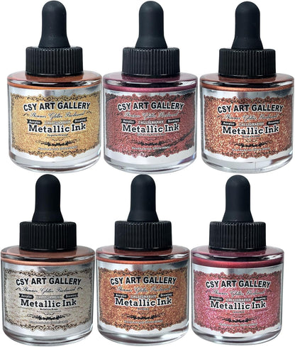 CSY art gallery Pearlescent Acrylic Inks Bottle with Dropper, 1oz - 29.5 ml Set of 6PCS Bronze Gold Red Liquid Drawing Ink for Calligraphy,Wood, Scrapbook Journals, Photo Albums (Saturn Twinkles Set) - Crafty Corner