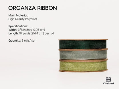 Vitalizart 3/8" x 30Yd Organza Ribbon Green Sheer Ribbons Set 10 Yd x 3 Rolls Drak Green Sage Handmade Eco-Friendly for Gift Wrapping Christmas Tree Crafts Bows Wedding Invitations Wreaths Wrap - Crafty Corner