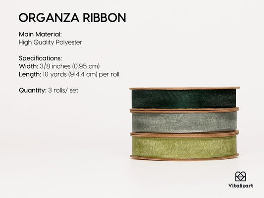 Vitalizart 3/8" x 30Yd Organza Ribbon Green Sheer Ribbons Set 10 Yd x 3 Rolls Drak Green Sage Handmade Eco-Friendly for Gift Wrapping Christmas Tree Crafts Bows Wedding Invitations Wreaths Wrap - Crafty Corner
