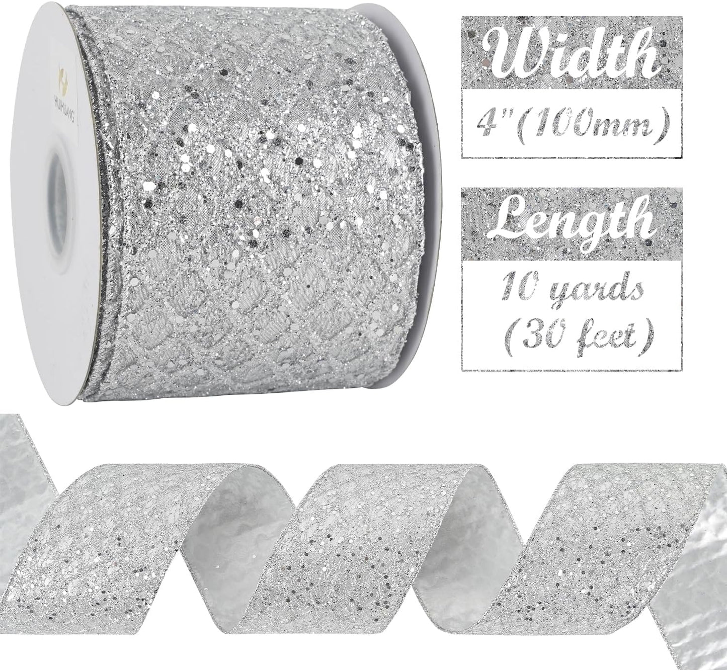 HUIHUANG Silver Christmas Ribbon 4 inch Silver Glitter Wired Ribbon Diamond Mesh Wire Ribbon for X-mas Tree Decorations, Wreaths, Garland, Large Bows Making, Home Decor -10 Yards - Crafty Corner