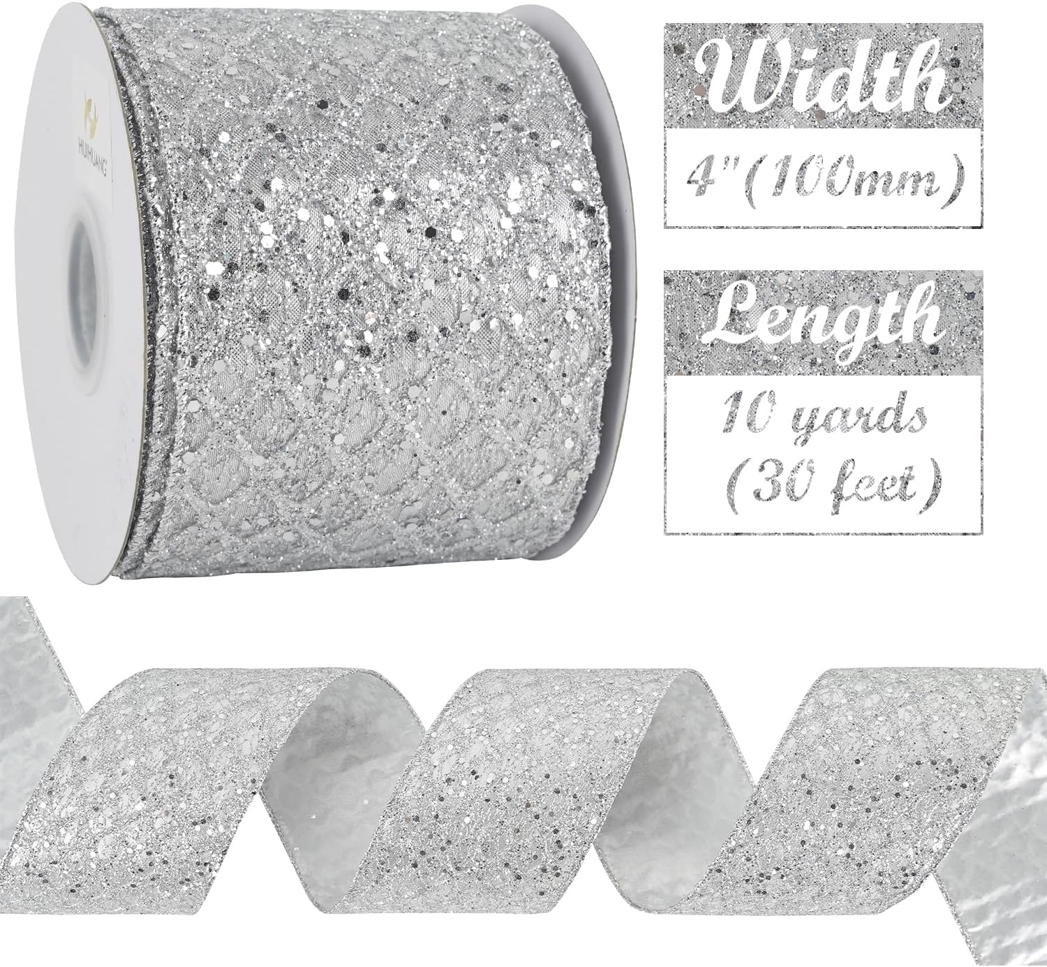 HUIHUANG Silver Christmas Ribbon 4 inch Silver Glitter Wired Ribbon Diamond Mesh Wire Ribbon for X-mas Tree Decorations, Wreaths, Garland, Large Bows Making, Home Decor -10 Yards - Crafty Corner