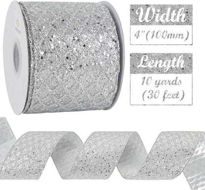 HUIHUANG Silver Christmas Ribbon 4 inch Silver Glitter Wired Ribbon Diamond Mesh Wire Ribbon for X-mas Tree Decorations, Wreaths, Garland, Large Bows Making, Home Decor -10 Yards - Crafty Corner