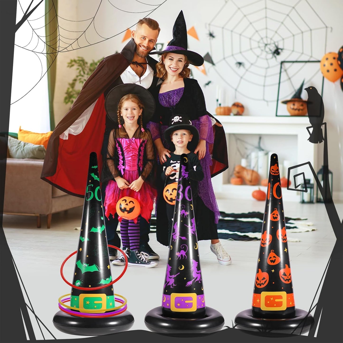 Halloween Ring Toss Game Set, 5Pcs Inflatable Witch Hats with 10Pcs Colorful Plastic Rings and Air Pump for Halloween Party Games Super Fun Indoor Outdoor Party Supplies