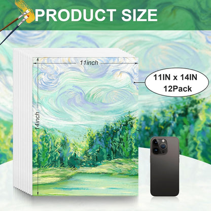 Canvases for Painting 11x14 Inch, 12 Pack Blank Painting Canvas Boards for Painting Supplies-100% Cotton Canvas Panels Acid-Free Primed for Oil Paint,Watercolor, Acrylic Paint, Gouache and Tempera.