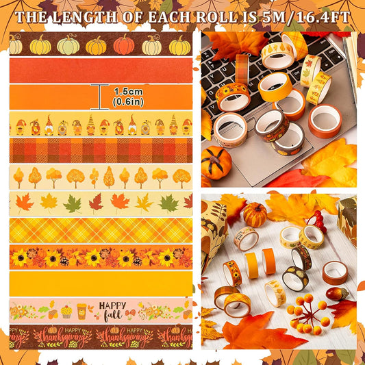 Whaline 12 Rolls Fall Washi Tape Thanksgiving Autumn Maple Leaves Pumpkin Gnome Masking Washi Tape 15mm Thanksgiving Harvest Decorative Tape Sticker for Scrapbook Journal DIY Craft Gift Wrapping