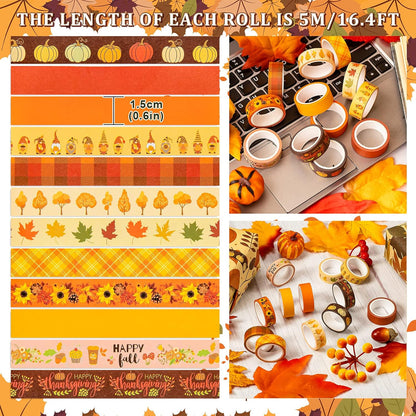 Whaline 12 Rolls Fall Washi Tape Thanksgiving Autumn Maple Leaves Pumpkin Gnome Masking Washi Tape 15mm Thanksgiving Harvest Decorative Tape Sticker for Scrapbook Journal DIY Craft Gift Wrapping