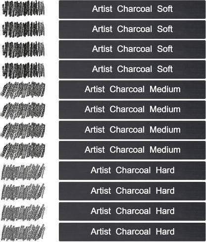 12 Pack Compressed Charcoal Sticks, Vine Charcoal Stick for Drawing, Sketching, Shading, Art Supplies Sketch Kits Tools Soft, Medium and Hard Grade