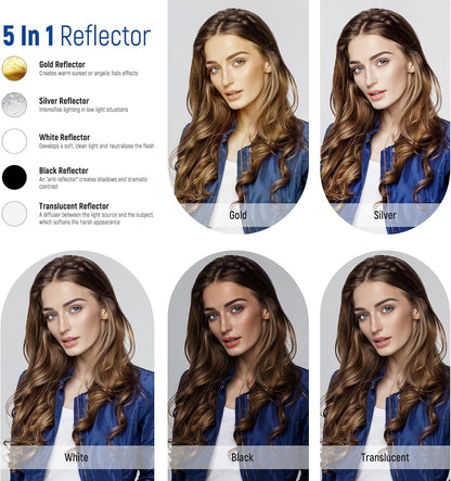 NEEWER 12"/30cm Light Reflector Light Diffuser 5 in 1 Collapsible Multi Disc with Bag - Translucent, Silver, Gold, White, and Black for Photography