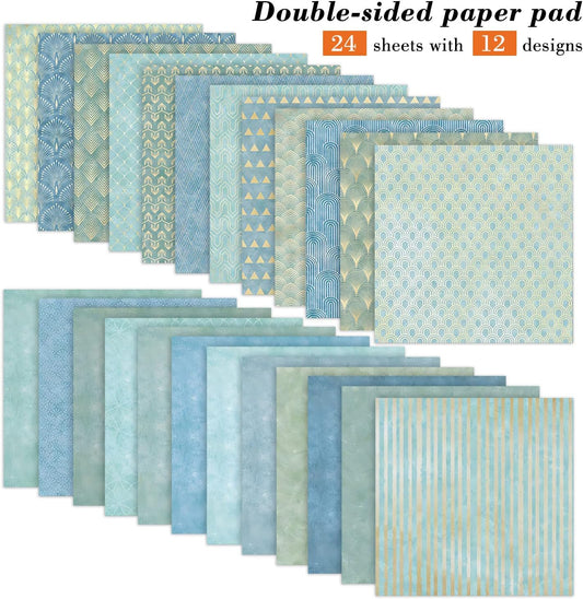 6''x 6'' Blue Geometric Scrapbook Paper Pad- 24 Sheets Double Sided Paper for Junk Journal Supplies DIY Cards Making Decor Gifts Crafts Wrapping Decorative Collage Folded Photo Album