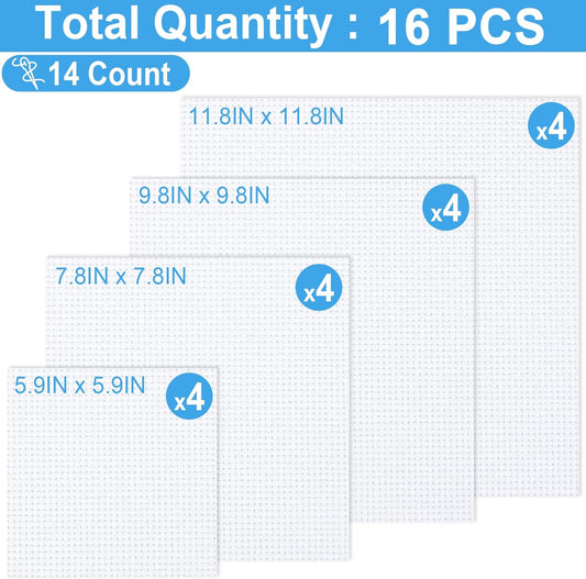 MYFAMIREA 16PCS Cross Stitch Fabric, 4 Sizes White Aida Cloth 14 Count Craft Embroidery Cloth Classic Reserve Cross Stitch for Home DIY Handmade Needlework Embroidery Decoration, 5.9 to 11.8 inch