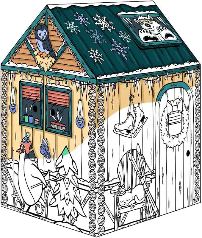 Bankers Box at Play Large Color in Winter Cottage Playhouse, Cardboard Playhouse and Life Size Craft Activity for Kids and Families
