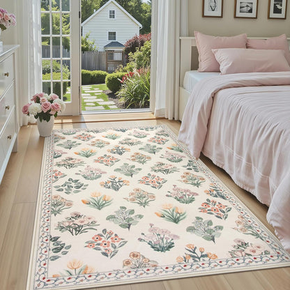 Wonnitar Floral Machine Washable 3x5 Rug, Small Area Rug for Kids Bedroom Nursery, Ultra-Thin Non Slip Soft Moroccan Throw Carpet for Dorm Living Room Large Entryway, Cream Beige