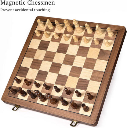 15" Wooden Chess Set with Magnetic Pieces - Extra Queens - Folding Chessboard Portable Travel Tournament Chess Board Games for Adults Kids