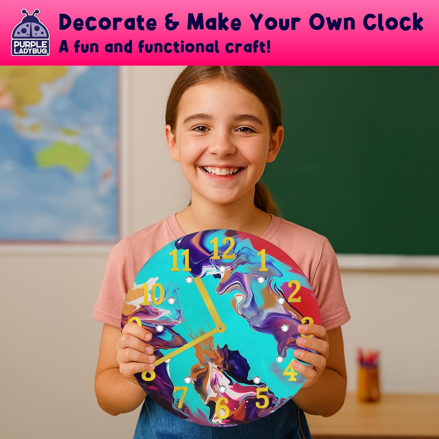 Acrylic Pouring Paint DIY Clock Kit - Creative Kids Painting Kit - 6 7 8 9 10 11 12 Year Old Girl Gift Ideas, Birthday & Christmas Gifts for 6-12 Year Old Boys & Girls - Crafts for Kids 6-8 8-12 - Crafty Corner