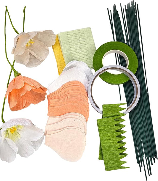 Mybbshower Crepe Paper Flower DIY Making Kit, Icelandic Poppy, Assorted Colors Peach White Orange 24 Count